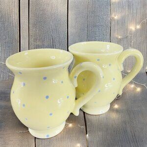 Mesa Ceramic Coffee Mug Cup Set 2 Pale Yellow With Blue Polka Dots Mugs Cups